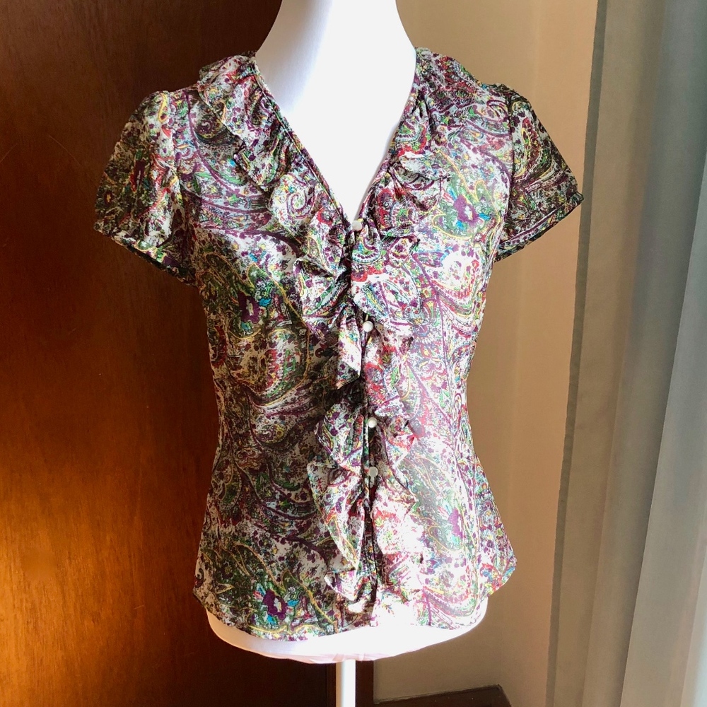 LOFT Ruffled Multi-Color Paisley Blouse Top, NWOT - Picture 3 of 8